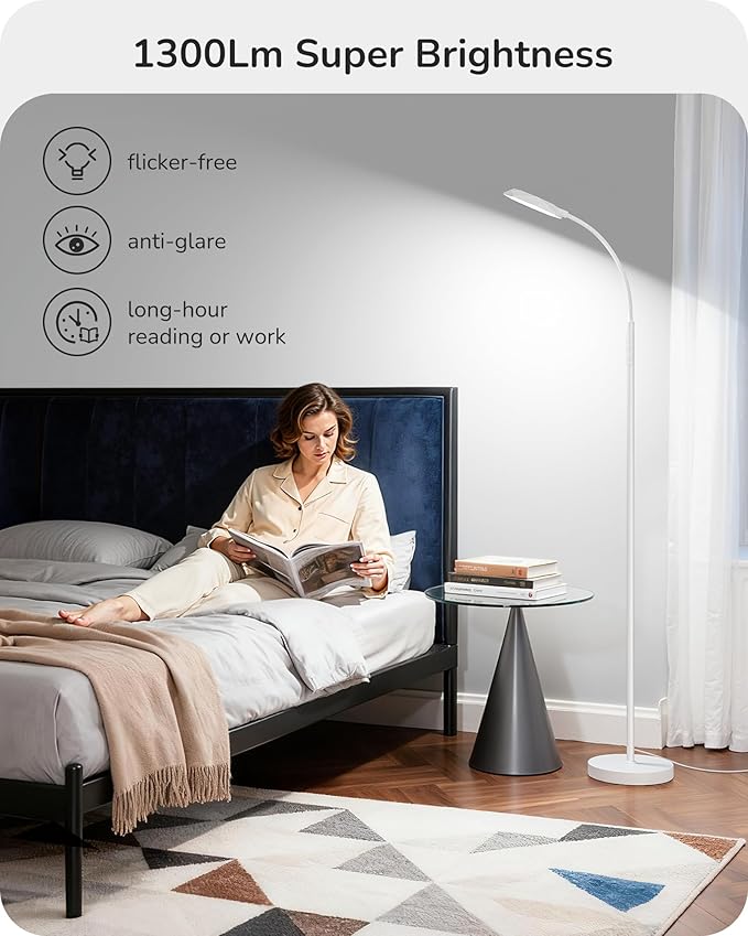 EDISHINE Gooseneck Floor Lamp, 1300LM LED Floor Lamps for Living Room, 4CCT Color Temperature Dimmable Standing Lamp, Remote & Touch Control, 30/60Min Timer Reading Light for Bedroom Office White