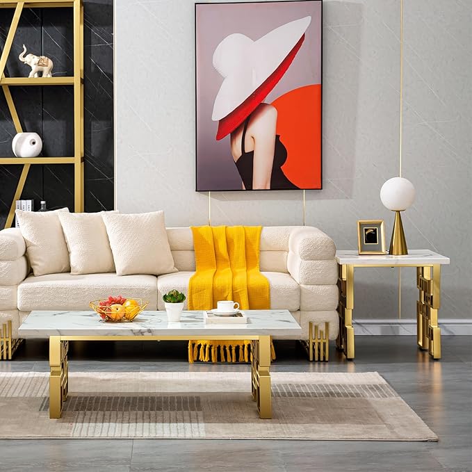 AUZ Gold End Table Set of 2, Modern Square Living Room Side Table with White Top and Gold Mirrored Metal Geometric Base