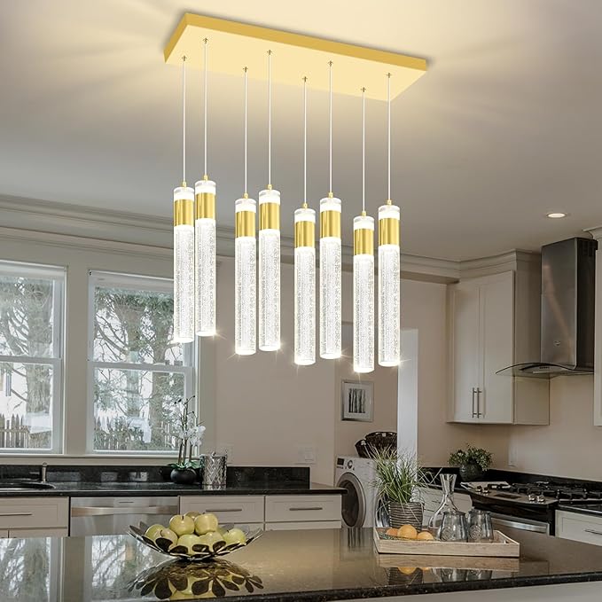 8-Lights Gold Hanging Pendant Light for Kitchen Island Modern Dimmable LED Crystal Chandeliers for Dining Room Bedroom Living Room Over Table Adjustable Height