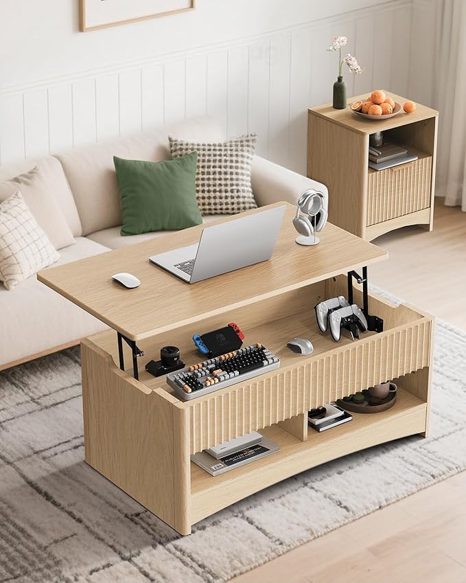 Marsail Lift Top Coffee Table with Open & Hidden Storage, Modern Fluted Coffee Table with Smooth Lift Mechanism, Sturdy Space-Saving Center Table for Home Living Room, Office, Natural Oak