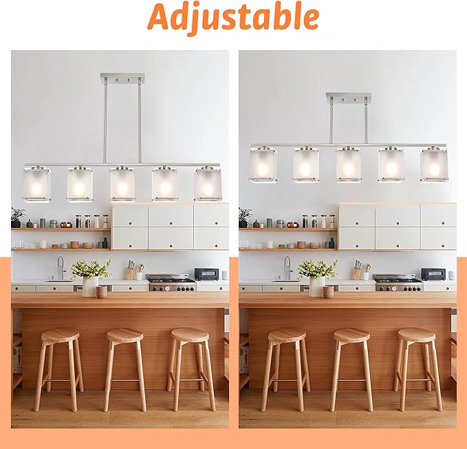 5-Light Chandeliers for Dining Room, Modern Kitchen Island Lighting with Frosted Glass Shade Linear Pendant Lighting for Dining Table Kitchen Island, Adjustable Height
