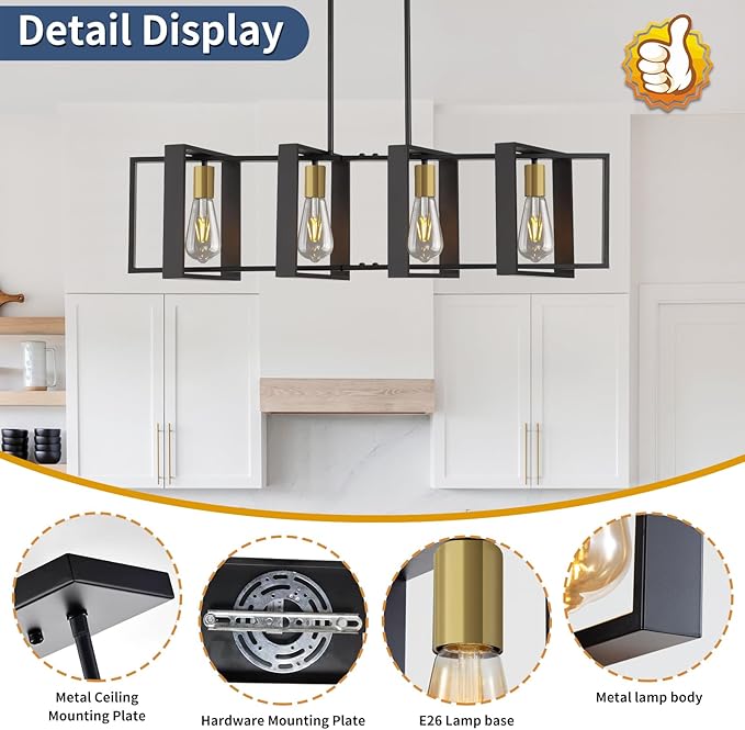 4-Light Black Rectangular Farmhouse Chandelier, 31.4inch Kitchen Island Pendant Light, Industrial Metal Linear Hanging Lighting Fixture for Dining Room, Living Room, Over Table, Foyer, Bar