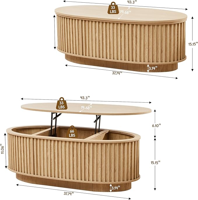 43.3'' Fluted Coffee Table with Hidden Storage Compartment, Mid Century Modern Oval Lift Top Coffee Table, Wooden Center Table Converts to Dining Tables for Living Room, Apartment (Natural)