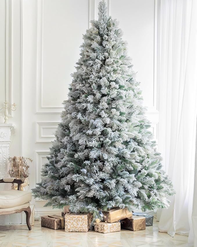 6.5FT Pre-lit Snow Flocked Christmas Tree Spruce with Remote Control, 400 Warm White Multi-Color Lights, Artificial Hinged/Feel Real/Realistic for Home, Holiday Decoration Dual Color LED