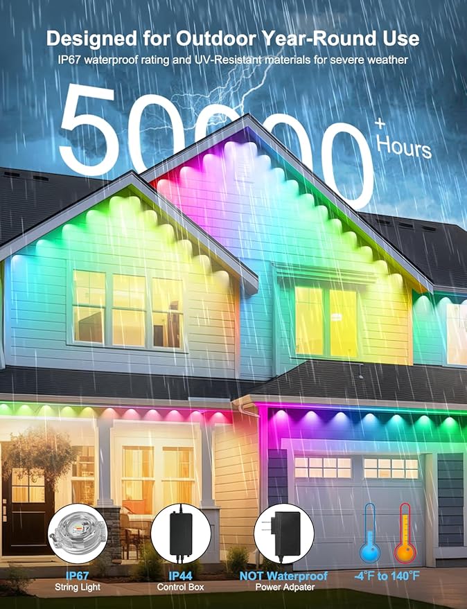 200ft RGB+ IC Permanent Outdoor Lights, Eaves Lights with 100 LED Lights, IP68 Waterproof, Music Sync with Remote Control for Garden Party Decor, Deck, Christmas with Cool White