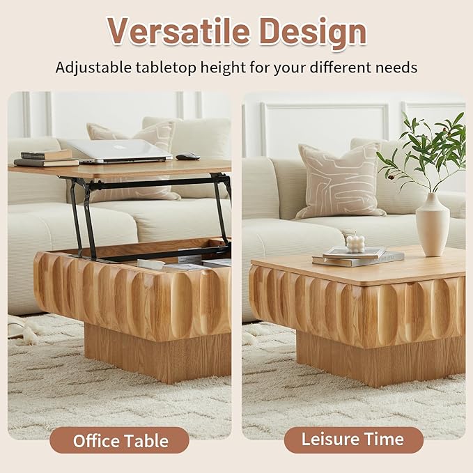 LKTART 31" Lift Top Coffee Table for Living Room, Fluted Coffee Table with Hidden Storage, Mid Century Modern Solid Wood Veneer Square Center Table for Office Apartment Small Space, Natural