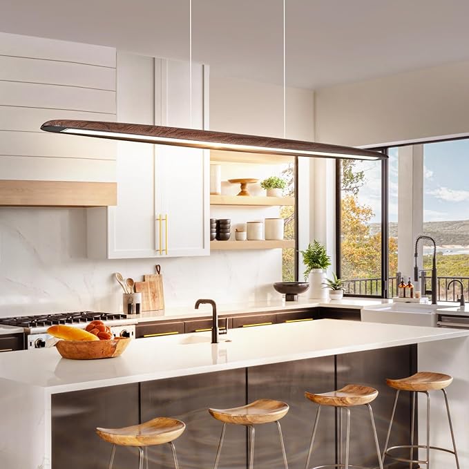 Walnut Linear Pendant Light Fixtures Modern LED Dimmable Pendant Lighting Wood Chandeliers for Dining Room Kitchen Island Pool 59In