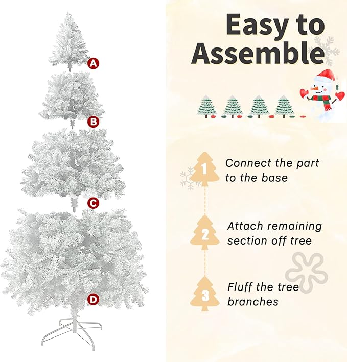 8FT Artificial Christmas Tree, Full Premium Hinged Artificial Pine Tree with Sturdy Metal Stand 1500 Branch Tips,White