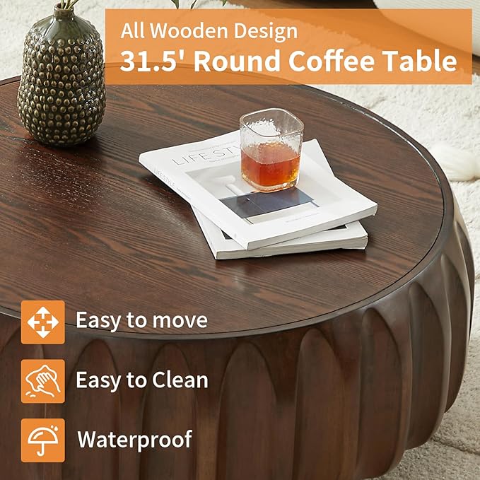 LKTART 31.5" Round Coffee Table Drum Table Contemporary Wood Fluted Centry Table with Solid Wood Veneer for Living Room (Walnut)