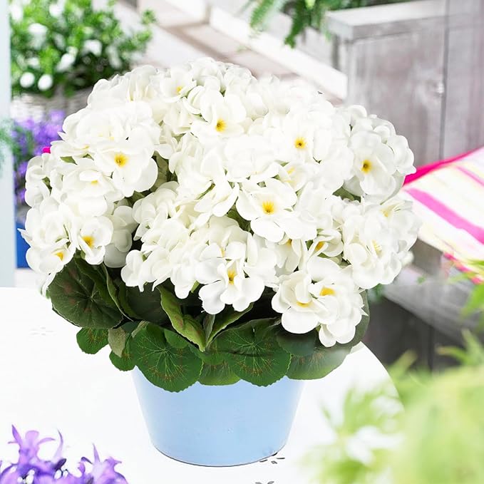 6 Bundles Artificial Flowers for Outdoors, Faux Geraniums Artificial Flowers Realistic, Faux Plants Outdoor UV Resistant for Garden Patio Porch Window Box Home Indoor Outdoor Decor (12, White)
