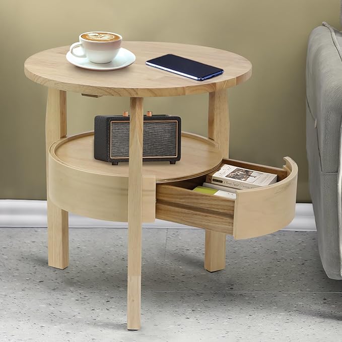 Round Coffee Table with Storage and Hidden Drawer - 20" D x 20" H Natural Wood Side Table with Sliding Drawer, Mid Century Modern Coffee Table, Small Coffee Table for Living Room, Natural Wood Color