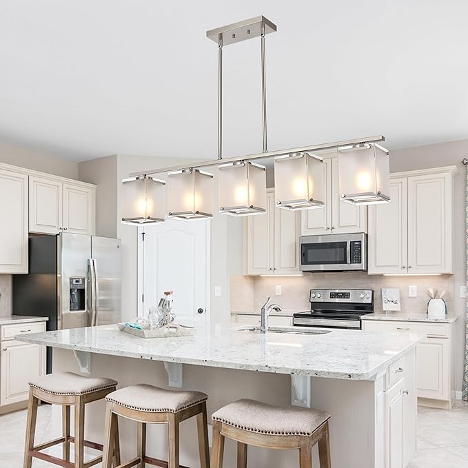 5-Light Chandeliers for Dining Room, Modern Kitchen Island Lighting with Frosted Glass Shade Linear Pendant Lighting for Dining Table Kitchen Island, Adjustable Height