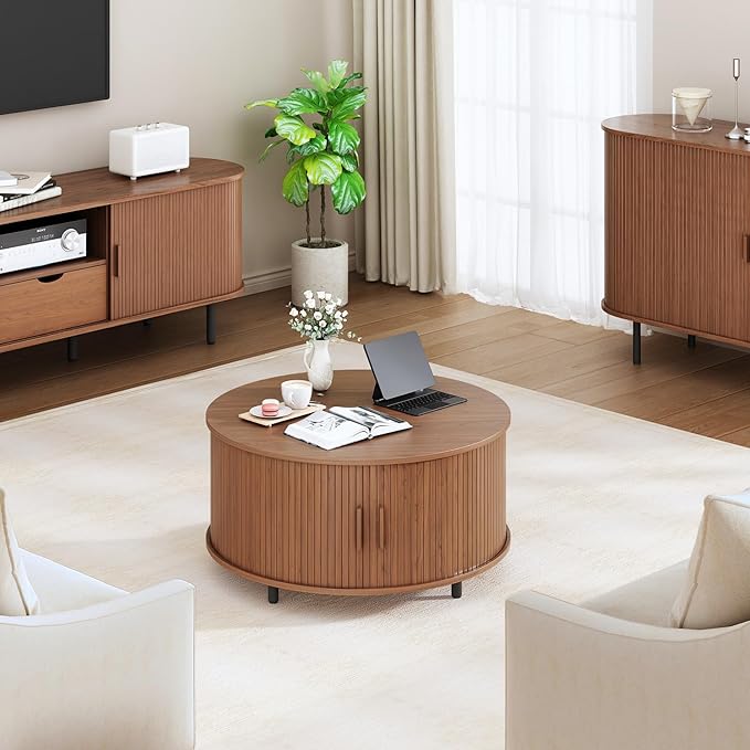 31.5 Inch Round Coffee Table, Fluted Coffee Tables with Storage, Mid-Century Modern Center Tables, Living Room Table with Sliding Door and Wood Handle for Living Room, Walnut