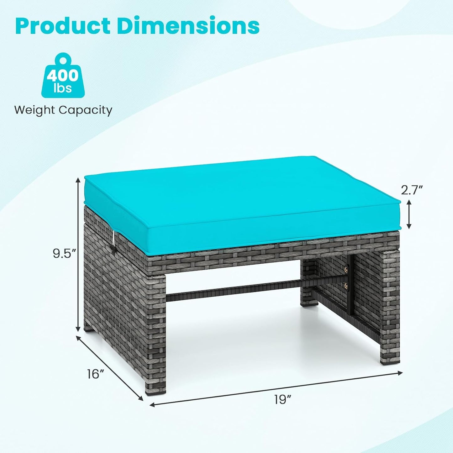 Tangkula 2 Pieces Patio PE Rattan Ottomans, Multipurpose Outdoor Footstool Footrest Additional Seating Side Table with Soft Zippered Cushions for Deck, Garden, and Yard (Turquoise)