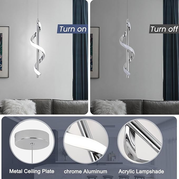 Modern Led Pendant Light Fixtures,6000K Cool White Spiral Led Pendant Lighting for Kitchen Island,Adjustable Height Hanging Light Fixtures for Kitchen Dining Room Living Room,1 Pack