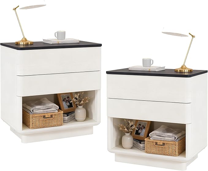 JXQTLINGMU 22" Modern Nightstand Set of 2 with Charging Station, Large Push-to-Open End Table, Wood Bedside Table, Curved Profile, Handleless 2 Drawer Night Stand for Bedroom, Living Room,Off White