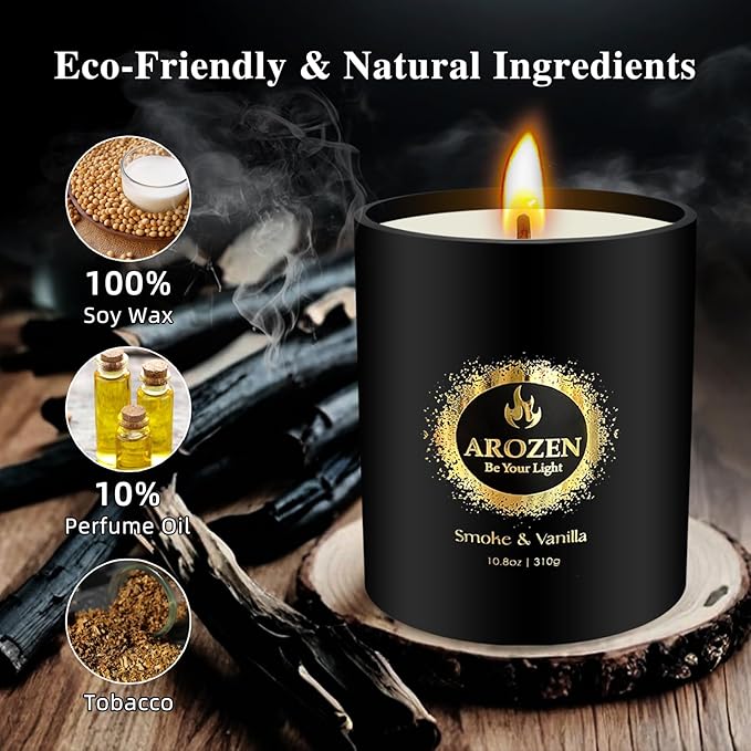 Premium Smoke & Vanilla Candles | Black Christmas Scented Candles for Men, Candle for Home Scented | 70-Hour Long Lasting Soy Holiday Candle for Him, 10.8oz, Aromatherapy at Home, Gifts for Men