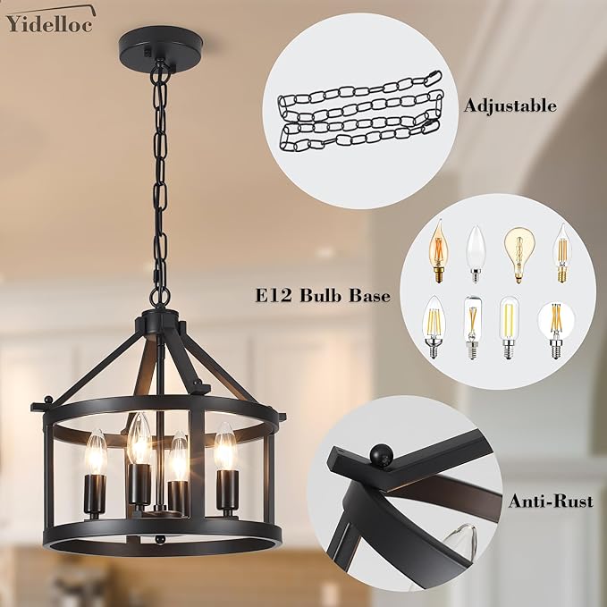 Farmhouse Light Fixtures Round Cage Chandeliers 4 Lights E12 Base Vintage Black Chandelier Pendant Light for Dining Room Entryway Hallway Foyer Kitchen