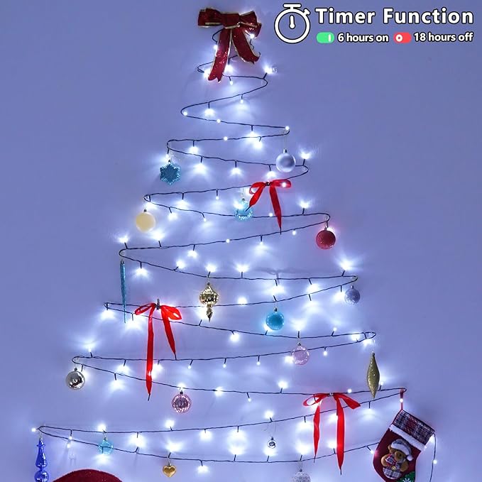 YEGUO 66ft 200 LED Christmas Lights Outdoor Waterproof, White Christmas Tree Light Indoor, Green Wire Twinkle String Light Plug in with Timer Memory 8 Modes