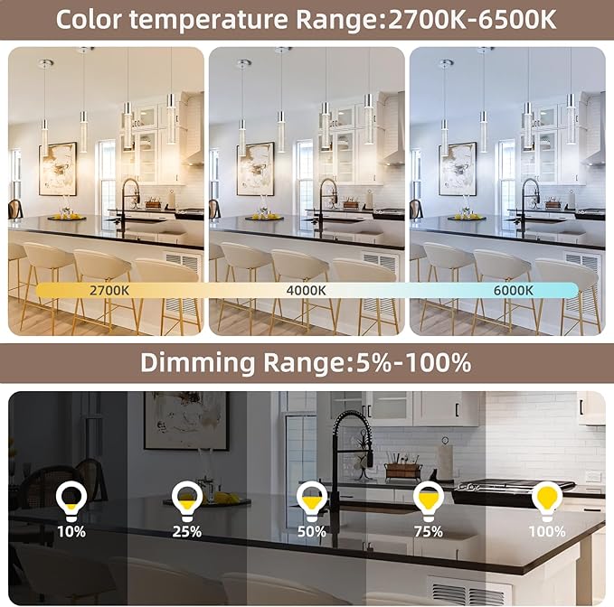 Pendant Lights Kitchen Island, 2700-6000K Modern Kitchen Island Lights,Brushed Nickel Dimmable Hanging Light Fixtures with Crystal Bubble, 12W LED Hanging Light for Dining Room, (3Pack)