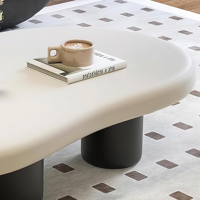 48 Inch Cloud Coffee Table, Modern Coffee Table for Living Room, Large Wood Coffee Side Table with Irregular Tabletop and 4 Sturdy Legs for Home Office Bedroom, White and Black