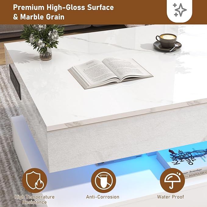 47.2" Large Lift Top Coffee Table with Charging Station, LED Modern High Glossy Center Table with Hidden Compartment Storage, White Lift Living Room Tables with Marbling Print, White