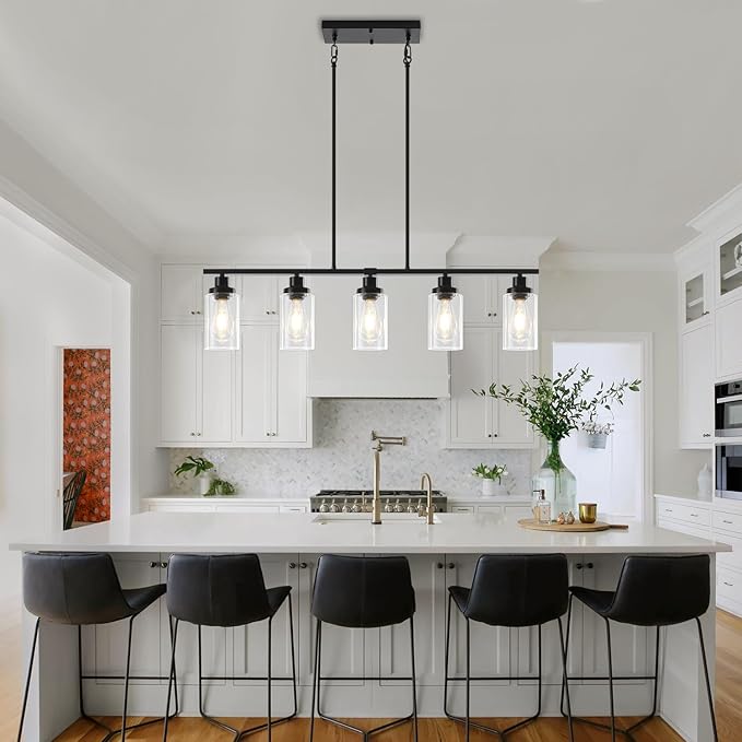 Modern Island Lights for Kitchen Black Dining Room Light Fixtures Over Table 5-Light Farmhouse Linear Chandelier Adjustable Hanging Kitchen Lights Ceiling Clear Glass Pendant Lighting Over Island
