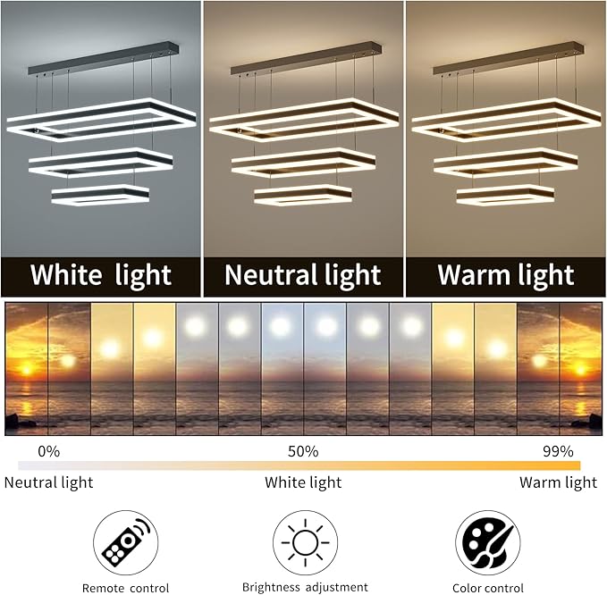 Modern Ceiling Pendant Light, LED Chandelier with Remote Control Dimmable 3 Color Mode & Brightness, Anti-Flicker Pendant Lights Kitchen Island Light Fixture for Dining Room Living Room