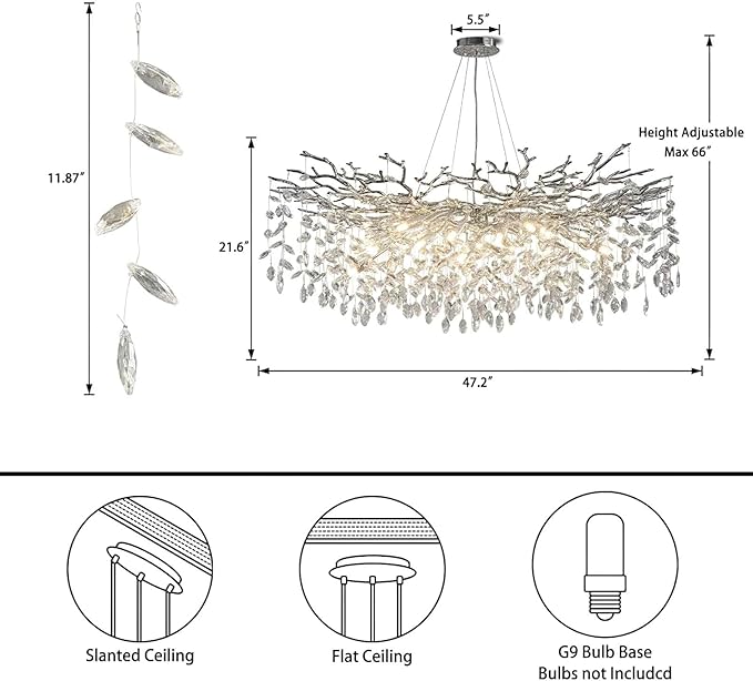 47" Silver Chandelier, 18-Light Modern Crystal Tree Branch Chandeliers, Luxury Round Chandelier for Dining Room, Living Room, Foyer, Entryway, Bedroom, Contemporary K9 Crystal Raindrop Light Fixture
