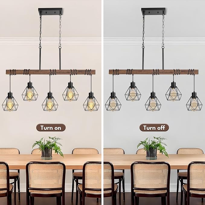 5-Light Kitchen Ceiling Light Fixture - Modern Farmhouse Black Chandelier with Adjustable Height for Dining Room Over Table, Rustic Wood Linear Pendant Island Lights for Kitchen, E26 Base, UL Listed