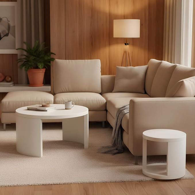Round Coffee Table Set of 2, Nesting Coffee Tables with Storage,Living Room Table Set,Modern Wood Center Table for Living Room,Apartment,31.5" & 18" Coffee Table Set,White