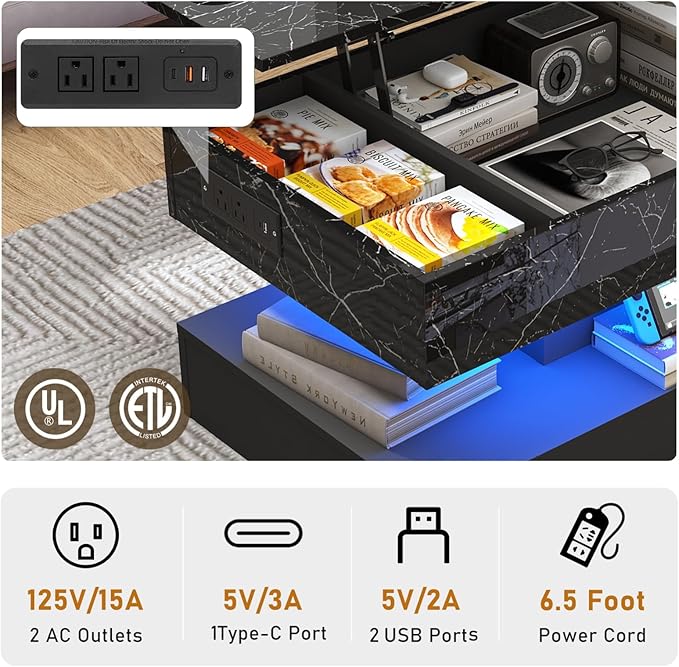 47.2" Large Lift Top Coffee Table with Charging Station, LED Modern High Glossy Center Table with Hidden Compartment Storage, Black Lift Living Room Tables with Marbling Print, Black