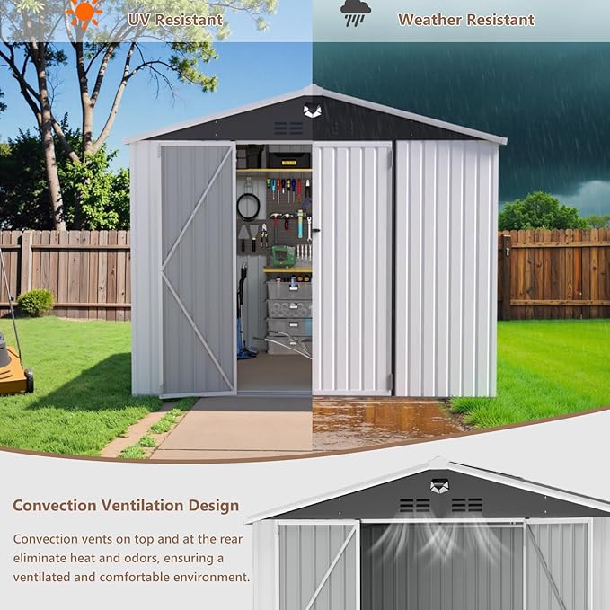 10x8 FT Outdoor Storage Shed, Metal Sheds & Outdoor Storage, Waterproof Sheds with Lockable Doors for Backyard (White, No Window)