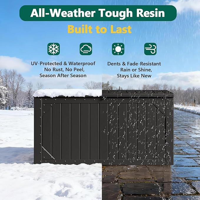 100 Gallon Outdoor Storage Box, Lockable Resin Deck Box for Patio Cushions, Throw Pillows, Garden Tools, Weatherproof Large Outdoor Storage Bench for Yard, Porch, or Balcony