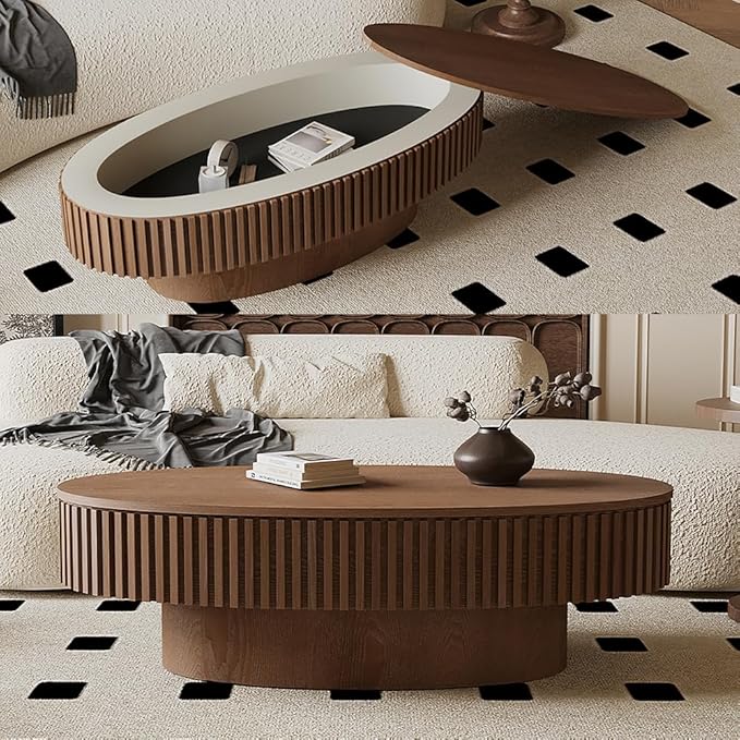 WILLIAMSPACE 47.2" Oval Coffee Table with Storage, Modern Drum Center Table with Solid Wood Veneered, Accent Side Tea Table for Living Room Apartment, Walnut