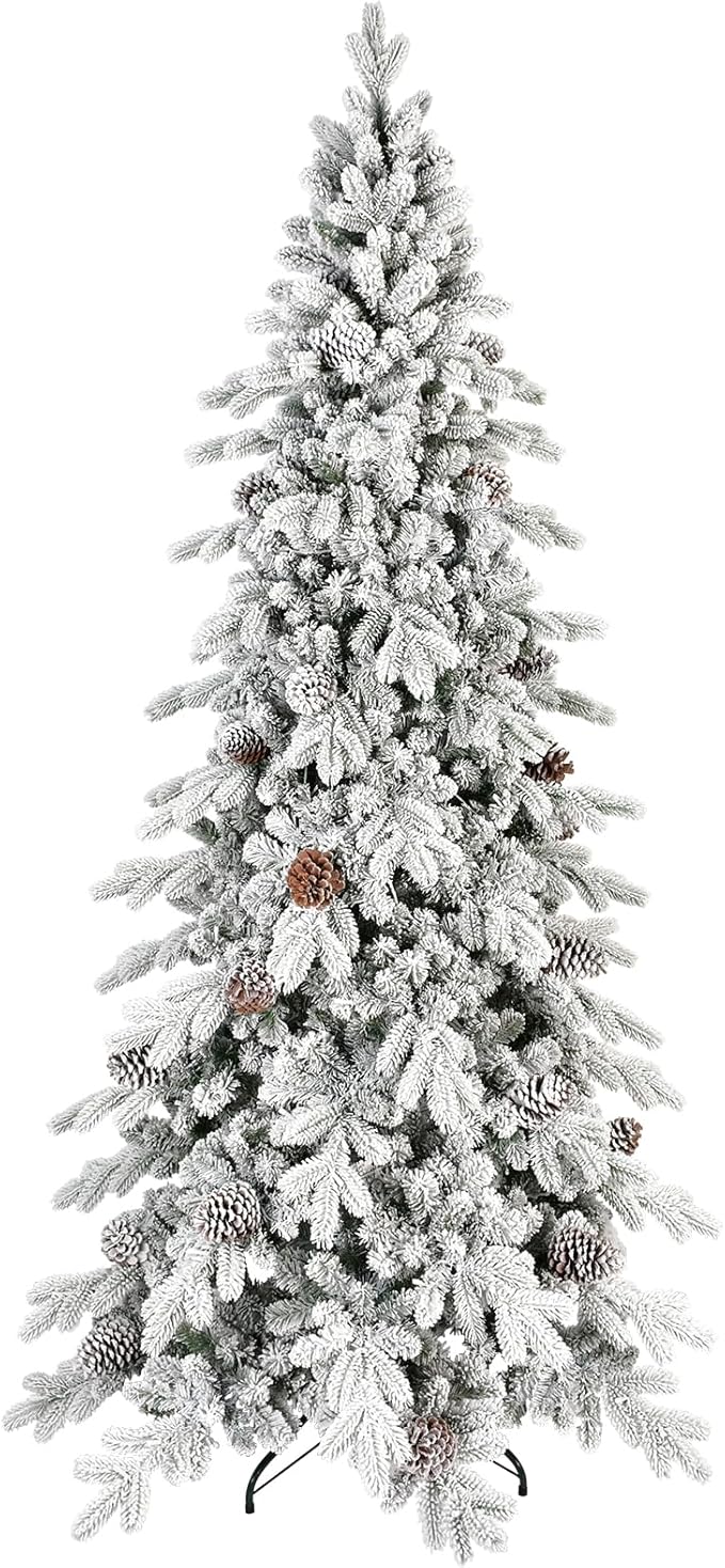6.5 FT Snow Flocked Slim Fir Christmas Tree with 1085 PE & PVC Mixed Branch Tips,Unlit Artificial Skinny Pencil Xmas Tree with 37 Pine Cones,Hinged Premium Xmas Trees for Home,Office,Party Decoration