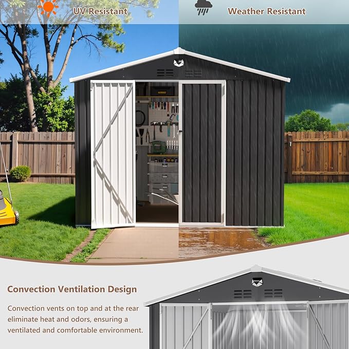 10x8 FT Outdoor Storage Shed, Metal Sheds & Outdoor Storage, Waterproof Sheds with Lockable Doors for Backyard (Black, No Window)
