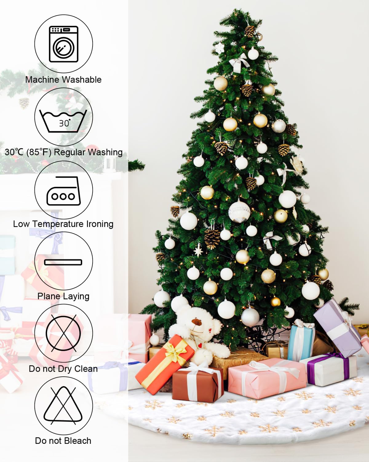 COOLWUFAN 72 Inches Christmas Tree Skirt for Xmas Tree Holiday Party Decoration White Plush Gold Sequin Snowflake (Gold)