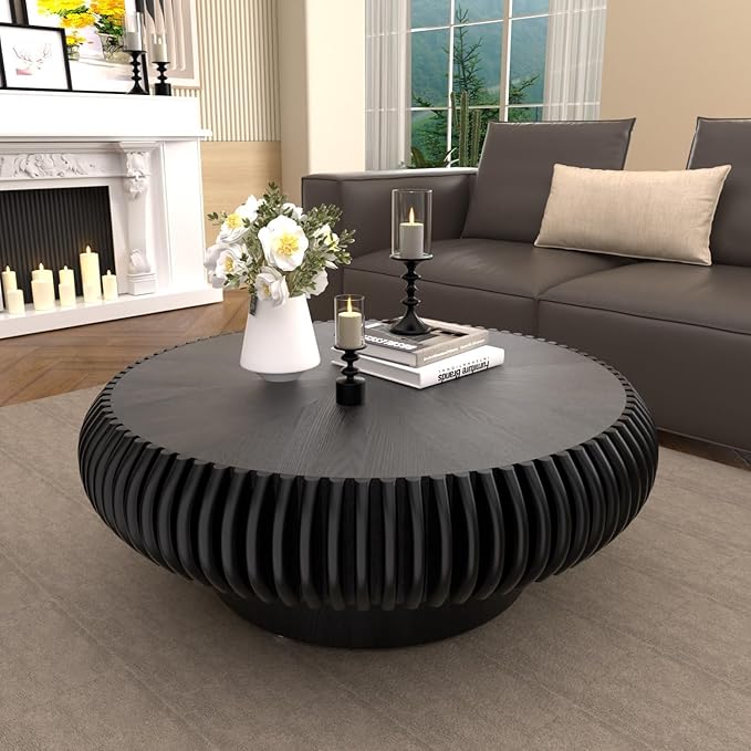 31.5" Drum Coffee Table Modern Unique Fluted Tea Table Contemporary Wood Round Coffee Table with Fluted Centry Table for Living Room Walnut (31.5" Black)