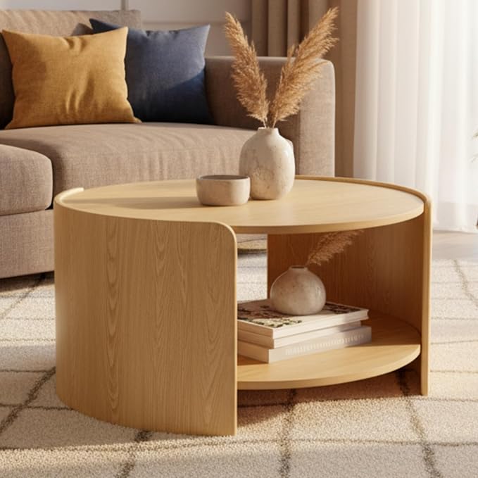 DUOMAY Wood Coffee Table, 31.5" Round Coffee Table with Storage Shelf Mid Century Modern Center Table for Living Room Apartment, Natural Oak Color