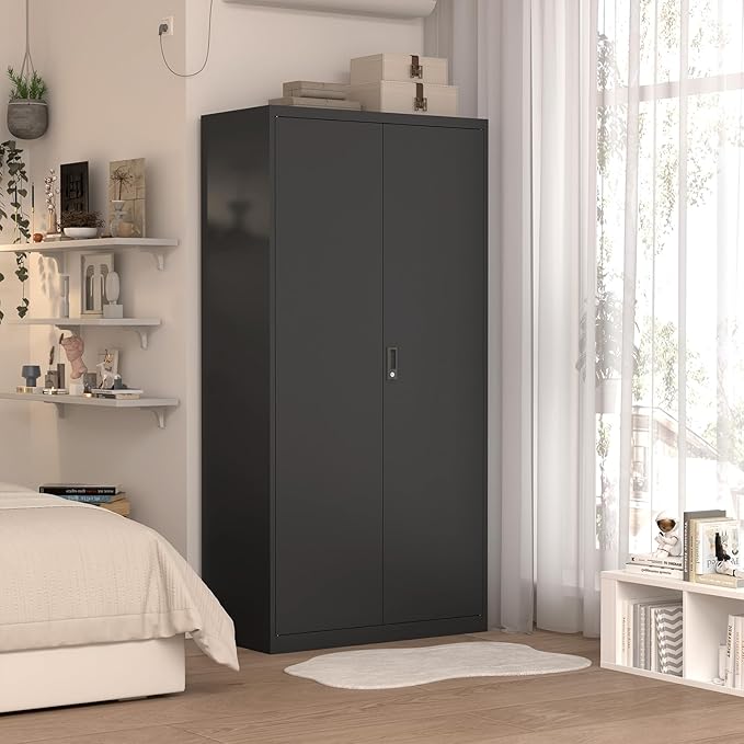 Wardrobe Storage Cabinets,Black Armoire Wardrobe Closet with Lock,Metal Storage Cabinet for Living/Laundry Room