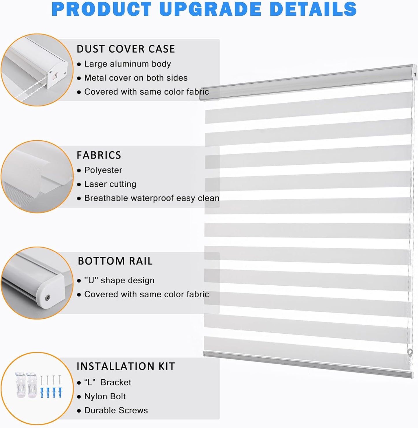 Custom Cut to Size Zebra Blinds for Windows Dual Layer Roller Light Filtering Privacy Free-Stop Sheer Shades Light Control for Day and Night(19" W X 72" H, White)