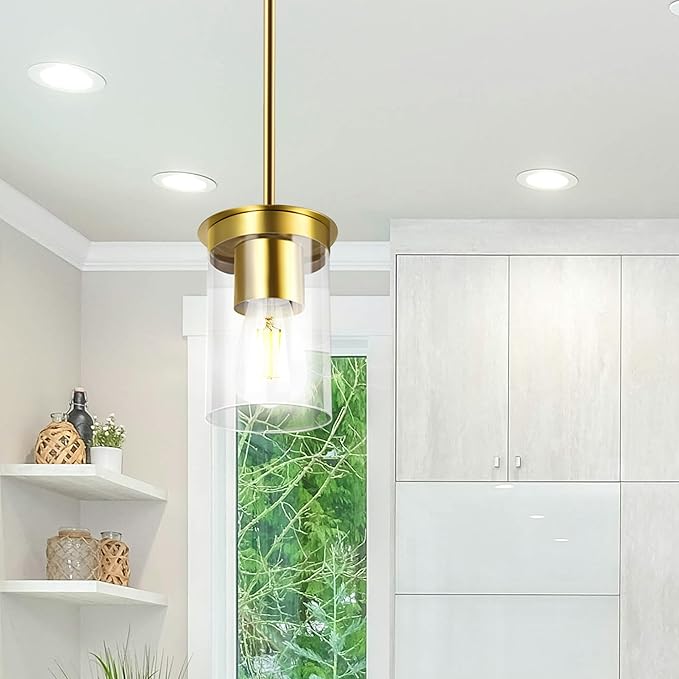 Modern Pendant Light Glass Shade, Kitchen Island Pendant Lighting with Glass Shade for Dining Room,Bedroom, Bar,Office,Farmhouse Brushed Gold,1Pack-4.72 Inch Shade 40 Inch Cord