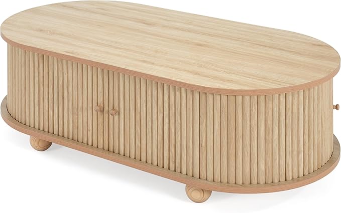 WILLIAMSPACE 47.24" Oval Coffee Table with Large Storage, Modern Luxury Wooden Drum Center Table with Round Legs for Living Room, Handcraft Accent Side Tea Table for Apartment, Natural