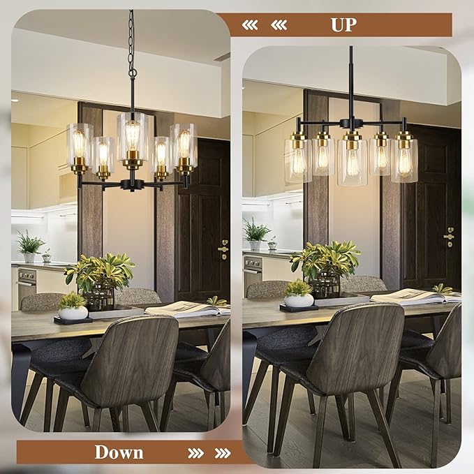 Sucolite 19.8'' 5-Light Chandelier for Dining Room Kitchen Island, Modern Farmhouse Pendant Lighting with Glass Shades Industrial Black Hanging Ceiling Light Fixture for Living Room, Height Adjustable