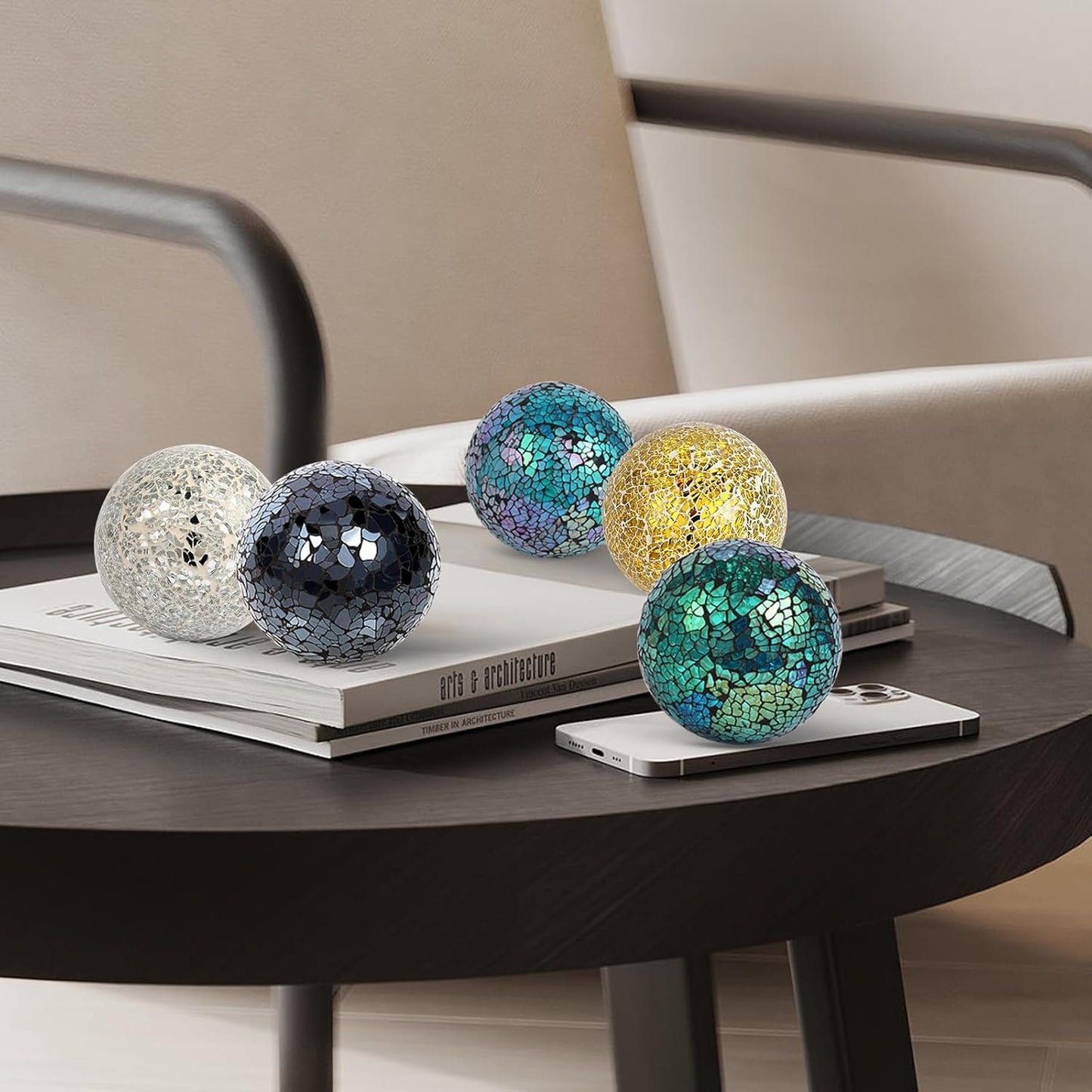 6pc Decorative Ball Set - 6cm/2.4inch Mosaic Glass Orbs for Centerpieces, Table Decor, Wedding Party (Black)