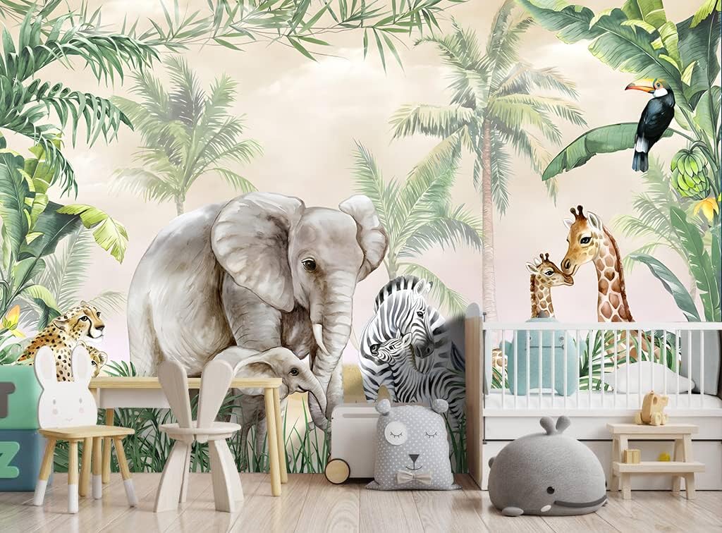 Tropical Animal Plants wallpeper Nursery Kids Bedroom Elephant Wall Mural - 137"x96"（Not Peel and Stick）