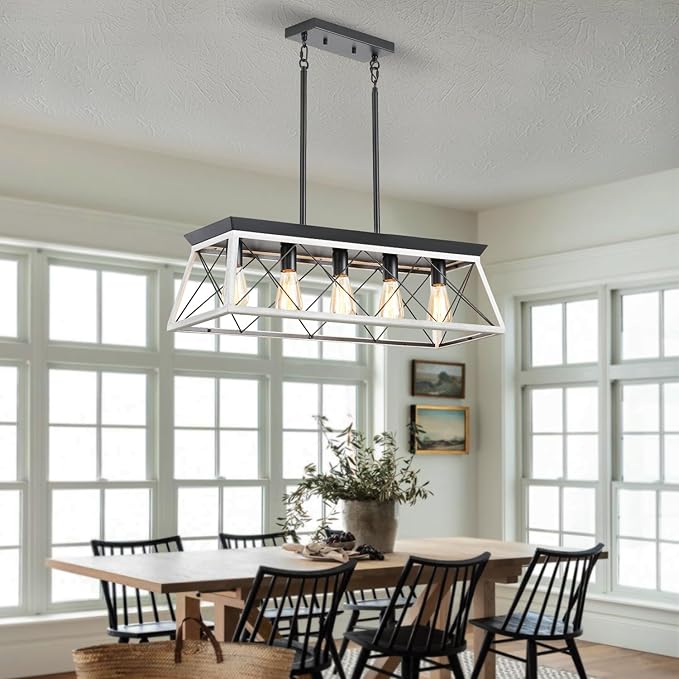 HuixuTe 5-Light Farmhouse Chandeliers for Dining Room, Rustic Kitchen Island Lighting, Adjustable Height Pendant Light for Kitchen, Dining Room Table White
