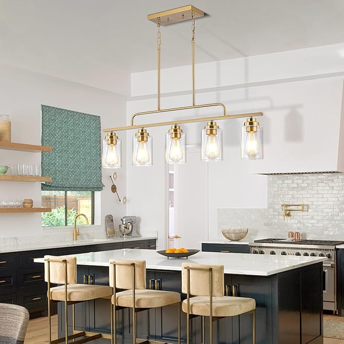 Dining Room Light Fixture - Brushed Gold 5-Light Farmhouse Chandelier Kitchen Island Lights Fixtures Modern Linear Chandeliers Hanging Pendant Lighting Over Table for Dining Room