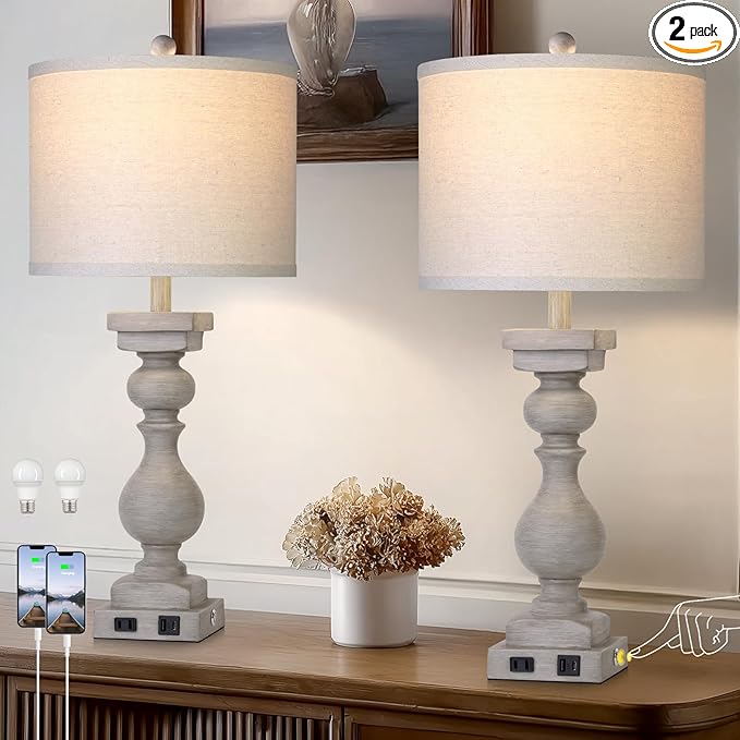 28" Tall Farmhouse Table Lamps Set of 2 with USB C+A Ports and AC Outlet, 3 Way Touch Tall Rustic Bedside Lamps for Living Room, Grey Vintage Lamps for Bedroom